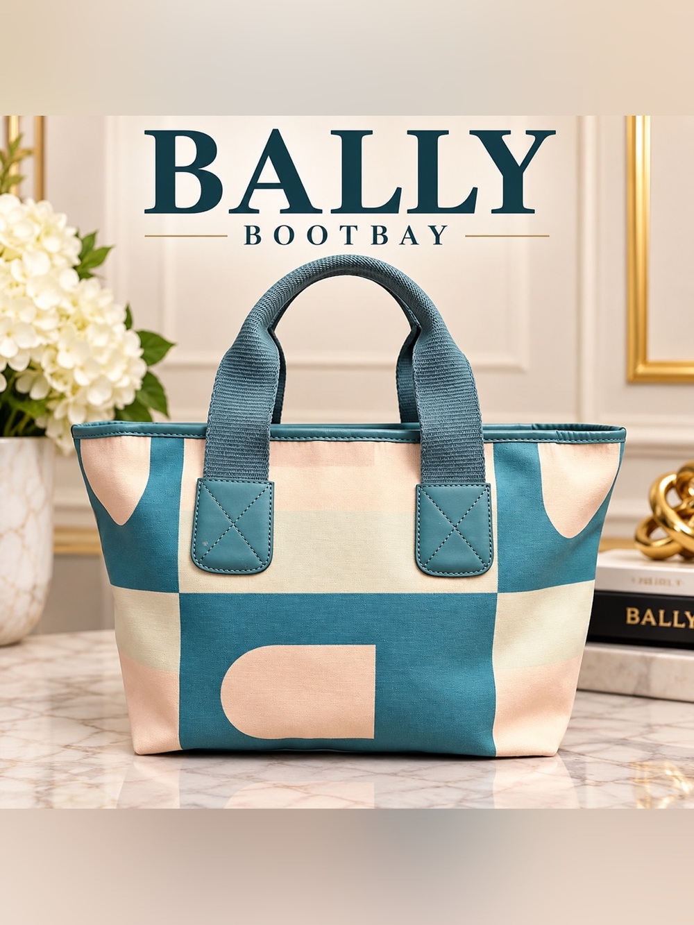 Bally BOOTBAY Geometric B Canvas Leather Trim Tote Handbag Blue